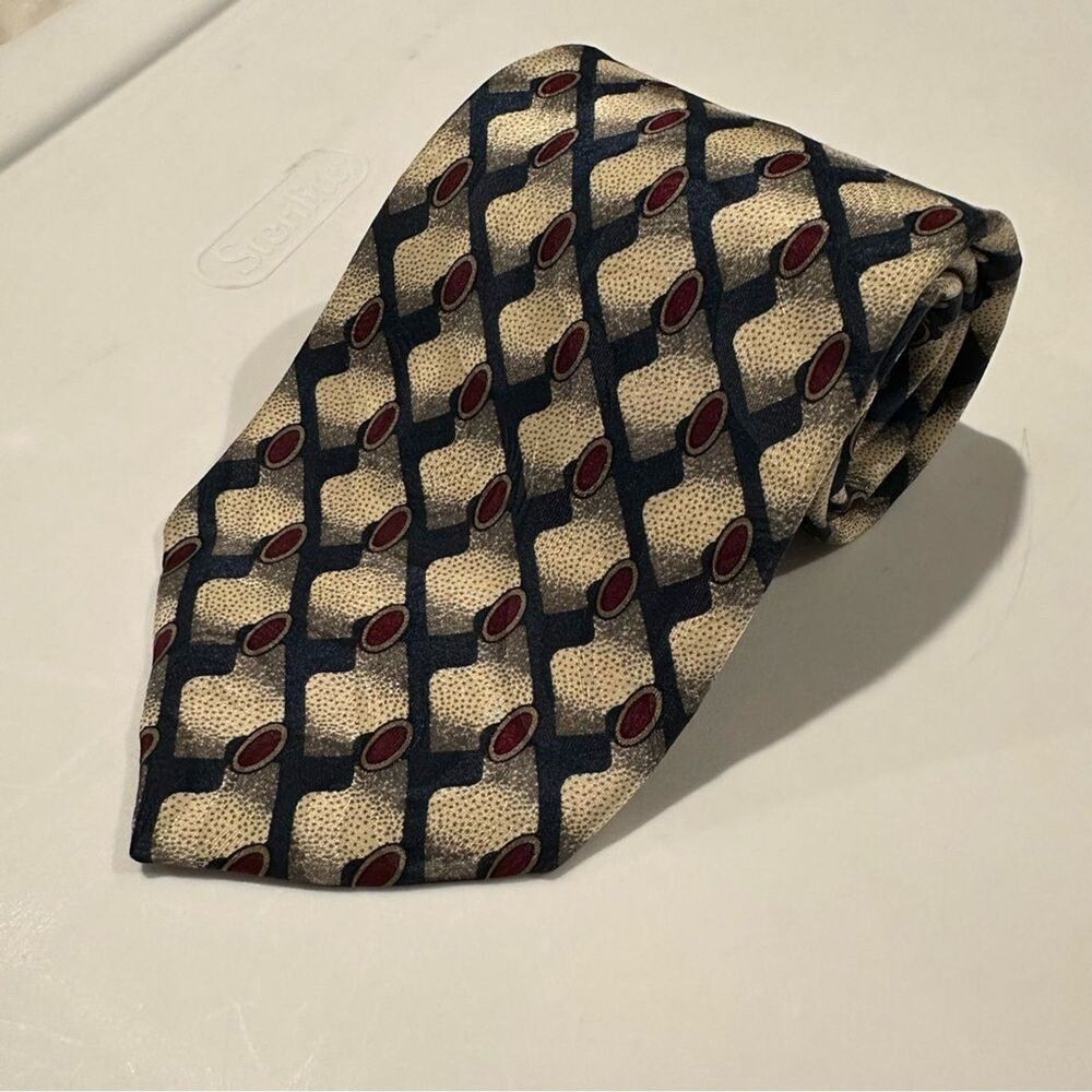 Pierre Balmain Extra Long Silk Tie Mens Beige Navy Red Geometric Vintage Necktie